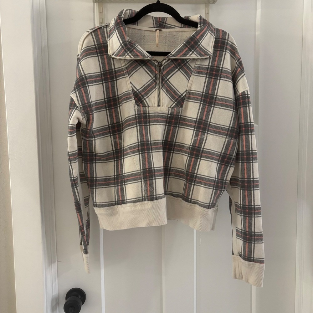 Free People Small Why Not Plaid Quarter Zip Sweatshirt Cream Gray Pink Women's